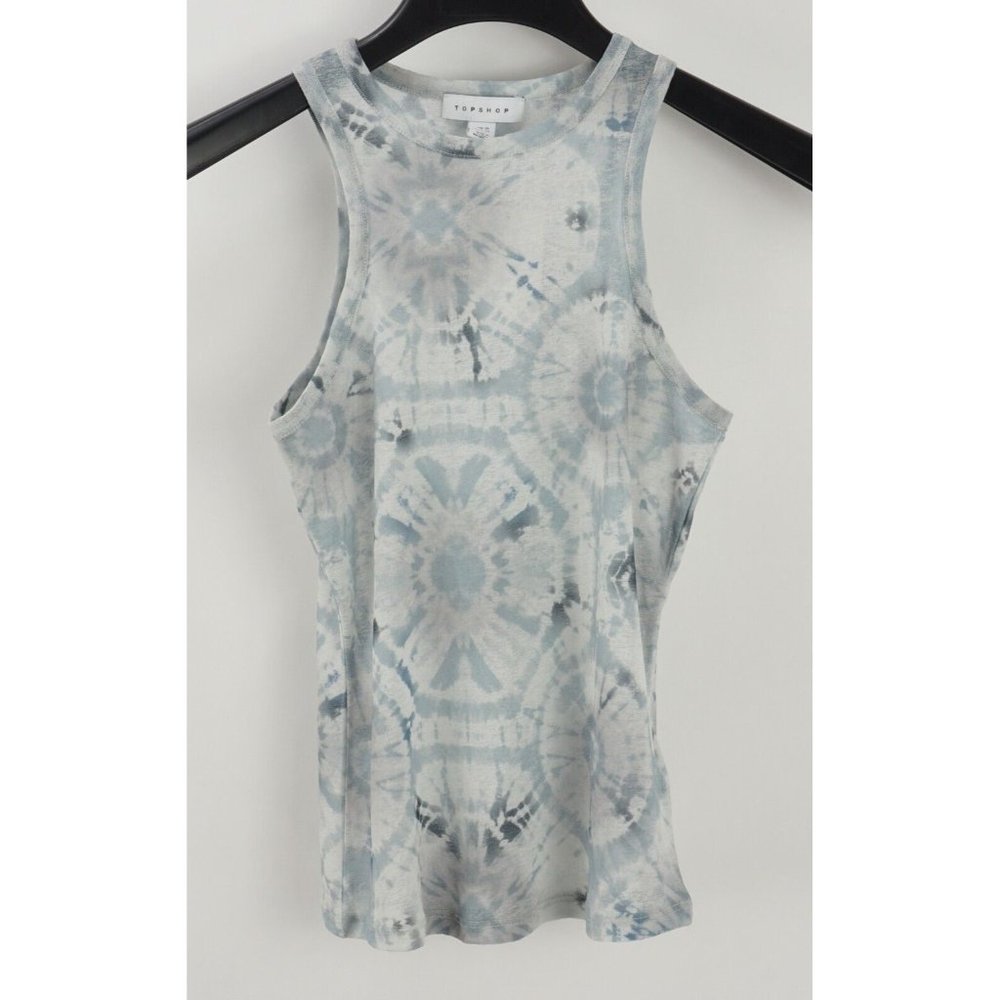 New Topshop Women's Size 6 Blue Tie Dye Geometric Semi-Sheer Crew Tank Top